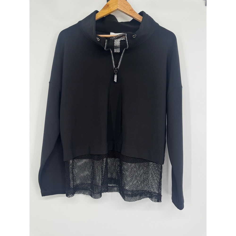 Joseph Ribkoff Shirt Women 8 Black Mesh‎ Hem Rhinestone Quarter Zip Artsy Glam